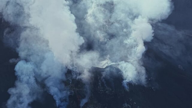 Aerial view of Stromboli volcano erupting in Italy.