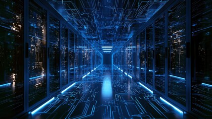 Obraz premium Futuristic Data Center Corridor with Advanced Technology, Neon Lights, and High-Tech Digital Design Elements Showcasing Modern Server Infrastructure