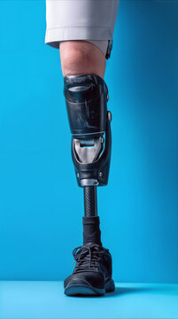 Prosthetic leg for lower limb amputee standing against blue background. Modern bionic limb technology and orthopedic rehabilitation concept.