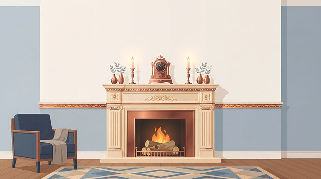 Elegant traditional living room interior with a lit fireplace mantel armchairs and geometric area rug