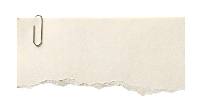 A torn piece of beige paper with a metal paperclip isolated on transparent background