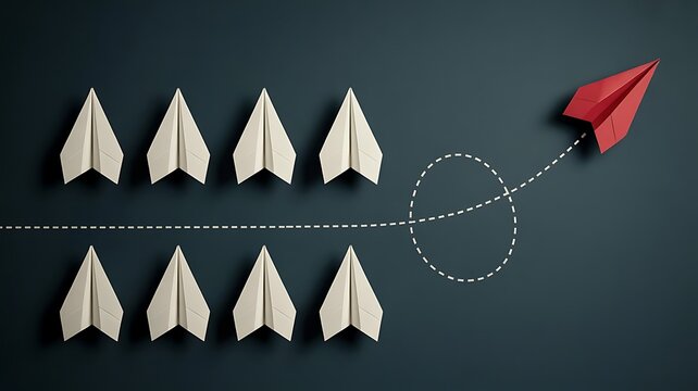 Leadership and creative thinking concept with a red paper plane breaking away from a line of white paper planes on a dark blue background surface