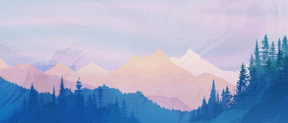 Sunset in the mountains, ridges in the evening light and fog, canvas and watercolor texture, minimalistic landscape, vector illustration © Valerii