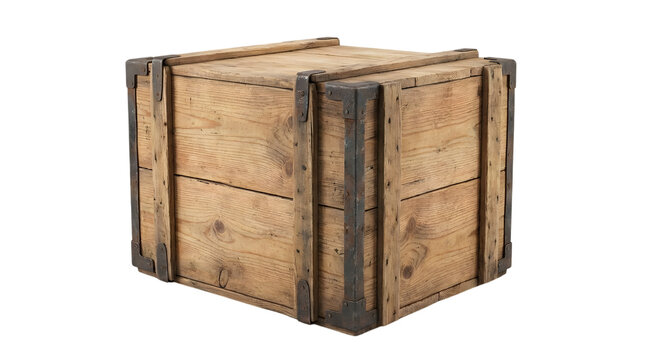 Old rustic wooden shipping crate with metal corners isolated on transparent background