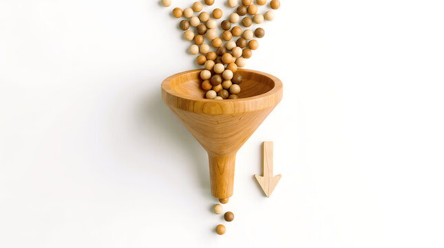 Wooden funnel filtering spheres with directional arrow emphasizes process workflow and data sorting concepts.