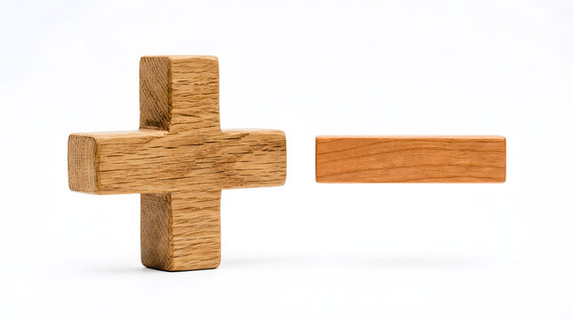 Wooden plus and minus math symbols signify addition subtraction and positive negative balance financial terms.