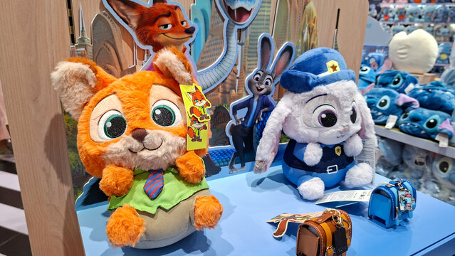 cute disney zootopia nick wilde fox and judy hopps rabbit plush toys sitting on display counter on September 16, 2026 in Bangkok, Thailand.