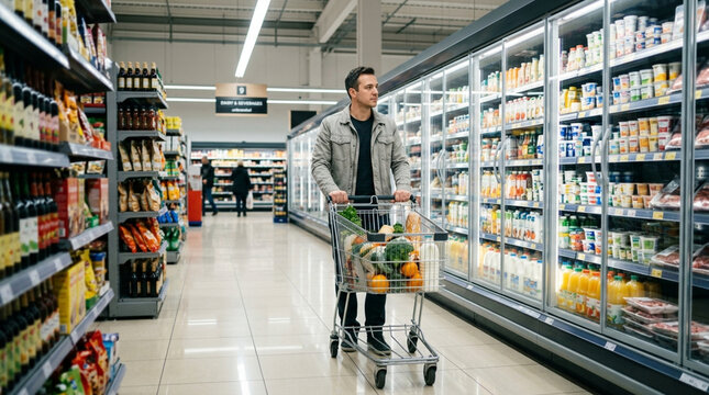 Young Man Pushing Shopping Cart Full of Fresh Groceries in Modern Supermarket Aisle