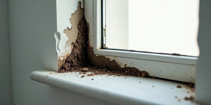 Window Frame Damaged by Pest Infestation Evidence of Soil and Structural Compromise