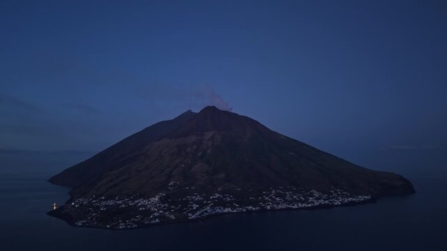 Aerial view of Stromboli volcano at twilight, Italy.