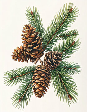 Fir branch with pine cones and delicate botanical line art on white background