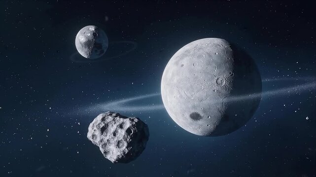 Moon Asteroid Space Scene with Cratered Lunar Body Beneath Starry Background, Glowing Light Beam, Cosmic Dust, Mysterious Halloween Atmosphere for Science Fiction Design