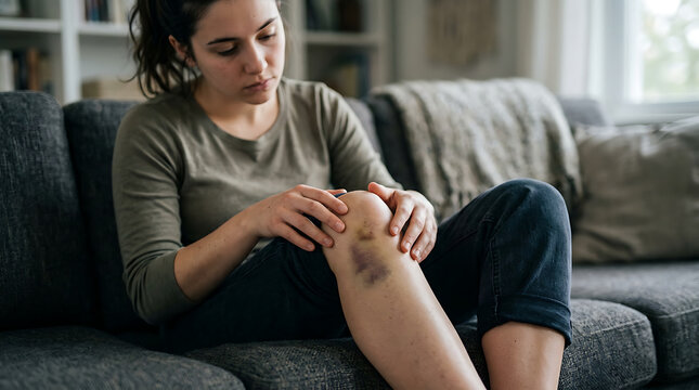 Bruised knee injury on young woman sitting on sofa, painful skin hematoma and contusion on leg, physical trauma and domestic accident concept