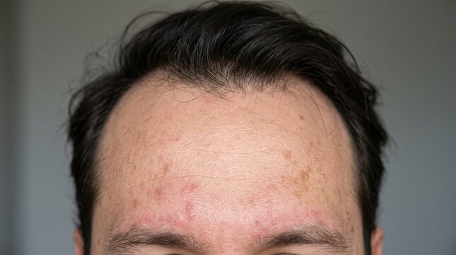 Close up of a mans forehead showing signs of rosacea and skin irritation