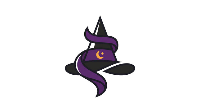 Witch hat vector illustration with purple ribbon and crescent moon symbol on white background