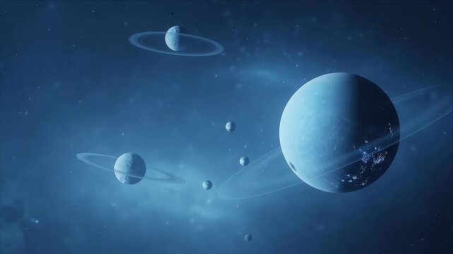 Halloween background featuring blue ringed planet, crescent moon, distant stars, celestial bodies, cosmic space, luminous atmospheric dust, mysterious astronomy scene for seasonal fantasy design