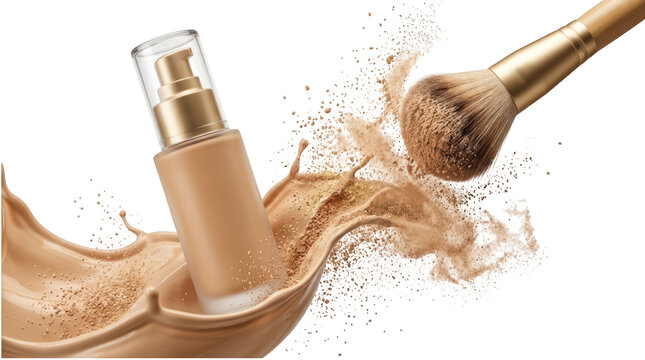 Liquid foundation bottle with makeup brush and powder isolated on transparent background