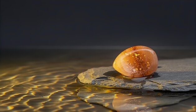 Polished Sunstone Gemstone on Slate with Water Ripples and Golden Caustics