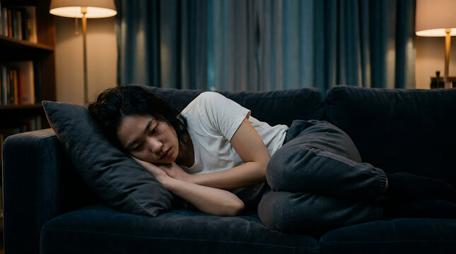 Depressed young woman lying on sofa at night, lonely person suffering from insomnia and mental health issues, sad female feeling stressed in dark living room