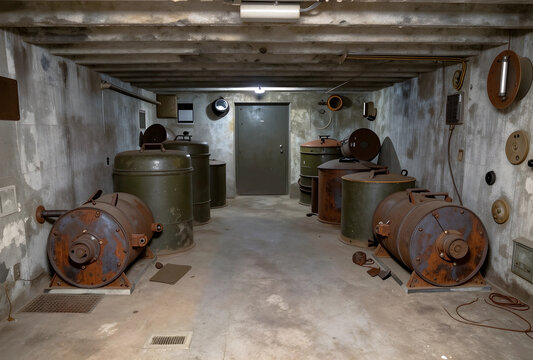 Survivalism and emergency preparedness, abandoned underground bunker with rusted industrial equipment and storage tanks in a concrete fallout shelter