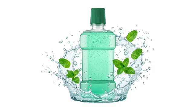 Mouthwash bottle with mint leaves isolated on transparent background
