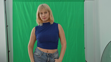 Obraz premium Woman posing with denim jacket over shoulder showing midriff in studio; confidence relaxed casual.