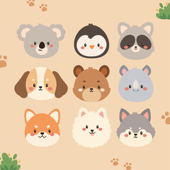 Fototapeta premium Cute Animal Face Icon Set for Kids
