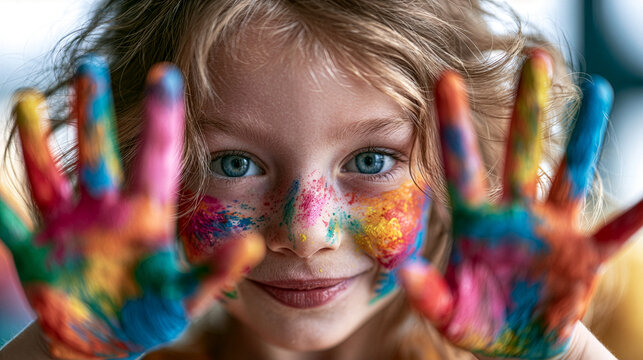 young child creating colorful finger painting on a large white canvas, hands covered with bright washable paint