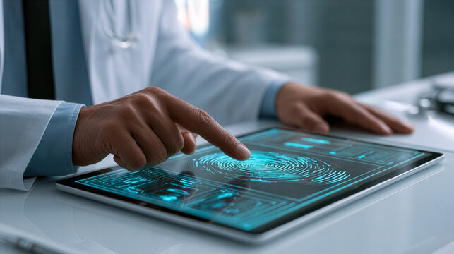 doctor securely accessing electronic medical records using biometric fingerprint authentication on a medical tablet