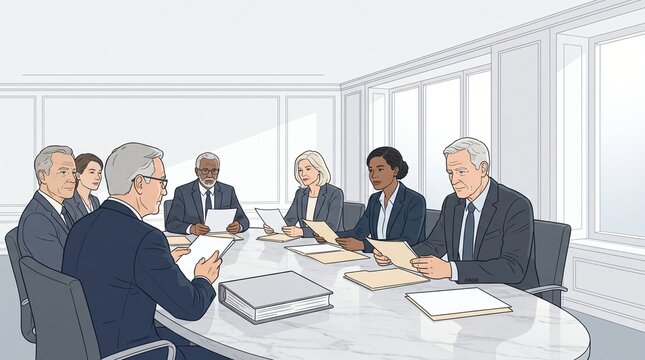 Pharmaceutical ethics review board clinical trial protocol audit meeting vector illustration of medical committee and legal advisors examining research approval dossier on table in executive boardroom