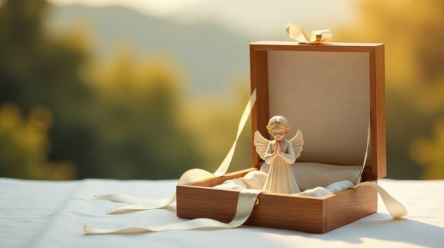 A Cherubic Angel Figurine Rests Serenely Within a Delicate Wooden Gift Box, Bathed in the Warm Glow of the Setting Sun