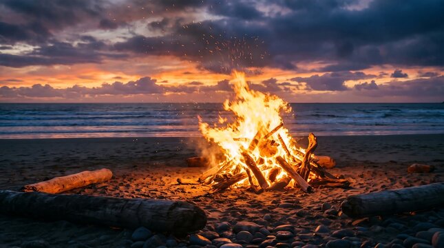 Bright campfire burning on a sandy beach during a sunset with orange and purple clouds campfire relaxation vacation dramatic twilight landscape
