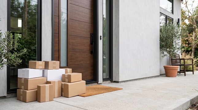 Numerous delivery packages accumulated outside the front door of a modern home, highlighting the convenience of online shopping and the efficiency of doorstep package services