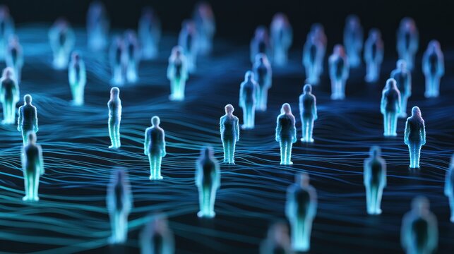 Abstract digital human figures in glowing blue neon light on dark background