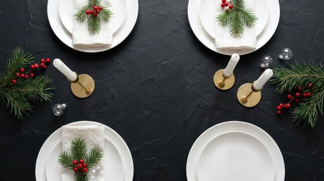 Festive holiday table setting with white plates and greenery.