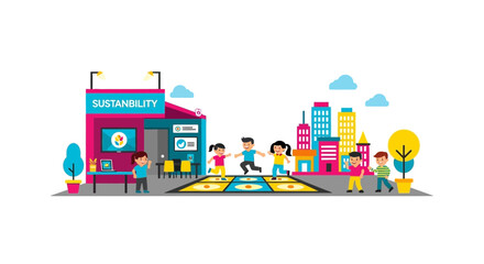 Fototapeta premium Flat Vector Illustration of Children Playing Outside a Sustainability Center in a Modern Eco-Friendly City