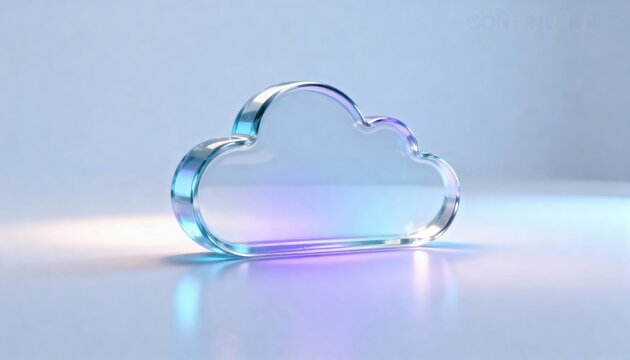 Transparent glass cloud icon with blue and purple glow representing cloud computing and digital storage