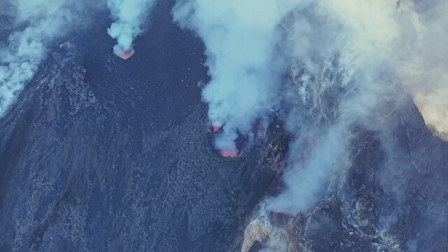 Aerial view of Stromboli volcano crater in Italy.