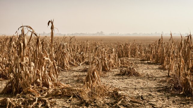 Dried corn field with cracked earth under hazy sky drought concept