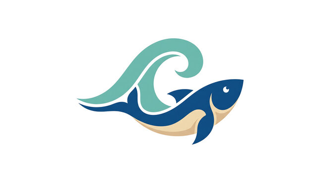 Fish logo vector design featuring a blue marine animal swimming under a stylized ocean wave