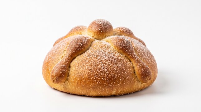 Pan de Muerto traditional Mexican sweet bread decorated with sugar and bone shapes on a white background