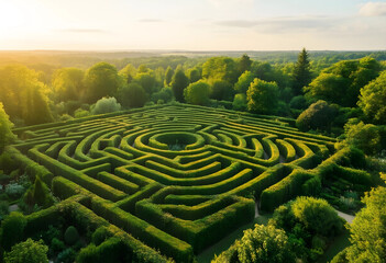 Obraz premium Problem solving and strategic planning, complex hedge maze in a lush green garden at sunset business challenges and finding the right path