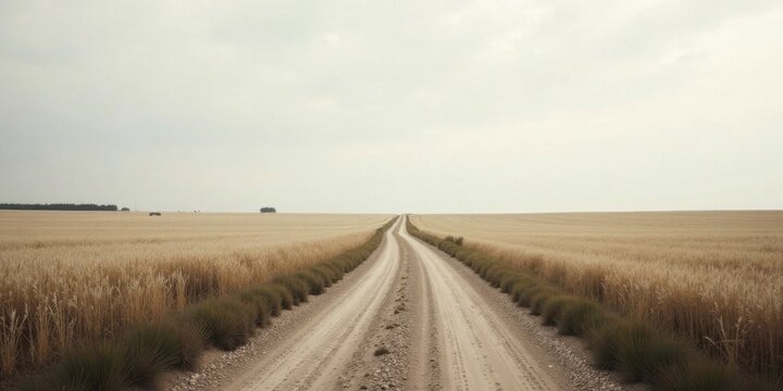 A long dirt road vanishes into a vast golden wheat field under a pale sky, promising adventure and serenity
