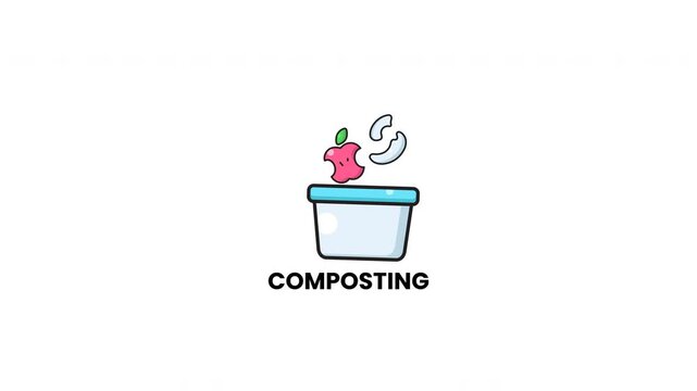 Red apple core, white eggshell bits, green container label word composting waste. Suitable for organic waste disposal concept designs.