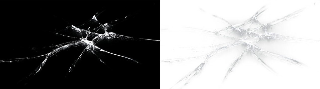 Cracked glass texture overlay with realistic fracture pattern. Broken window screen damage on transparent background. Visual effect for destruction and impact design