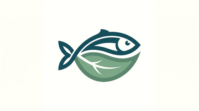 Fish logo design with green leaf combining nature and seafood concept on white background