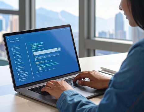 Generative AI prompt engineering concept. Person typing command on laptop with search bar, prompt interface, generate button, coding data to represent artificial intelligence content creation systems.