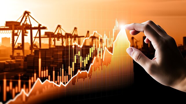 Industrial port development and economic growth concept with shipping cranes and rising financial graph