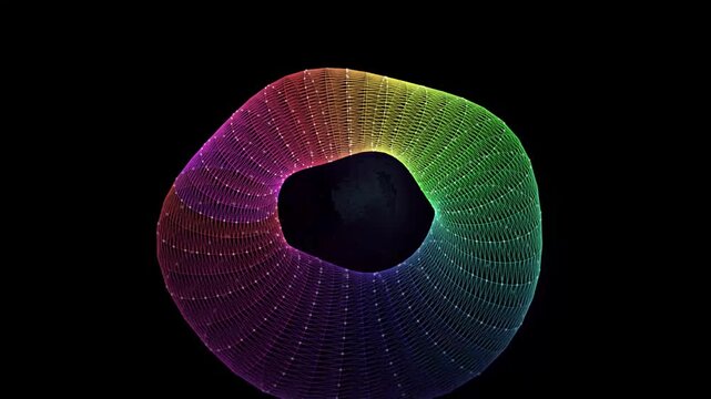 Abstract rainbow torus rotating on black background wireframe rotation 3d animation glowing gradient colorful geometry shape mesh digital technology science loop motion graphics futuristic dark neon