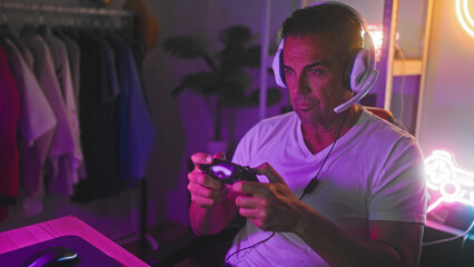 Man with headset grips controller, fist raised and smiling, middle aged gamer in studio with neon sign, clothes rack and plant visible  competitive excitement celebration. © Krakenimages.com